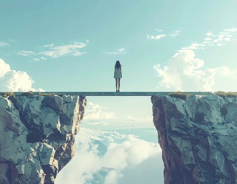 A brave young woman stands on a narrow bridge bridging two high rocky cliffs above a sea of clouds, evoking strong feelings of courage, hope, transition, and endless freedom.