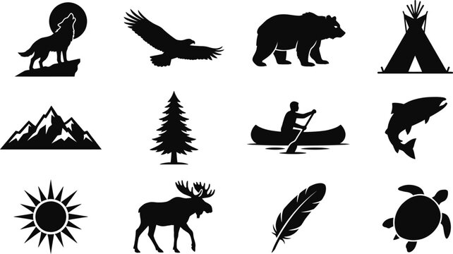 Black silhouettes of wild animals and nature