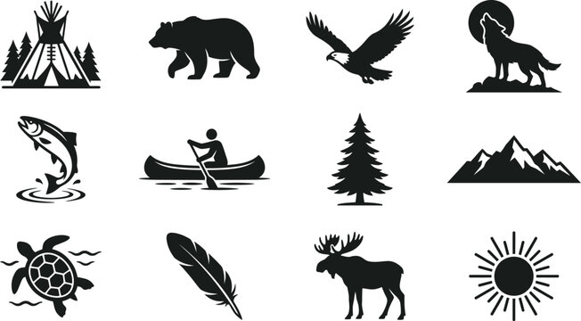 Black silhouettes of wilderness and nature icons