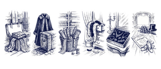 Theater wardrobe sketch illustration set featuring vintage costumes, backstage dressing room elements, sewing fabrics, jewelry props, and ballet slippers in hand-drawn retro engraving line art styles. © Dinali
