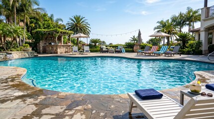 Obraz premium Sunny Afternoon by the Poolside With Lounge Chairs and Palm Trees in a Garden Setting