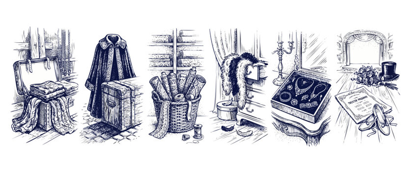 Theater wardrobe sketch illustration set featuring vintage costumes, backstage dressing room elements, sewing fabrics, jewelry props, and ballet slippers in hand-drawn retro engraving line art styles.