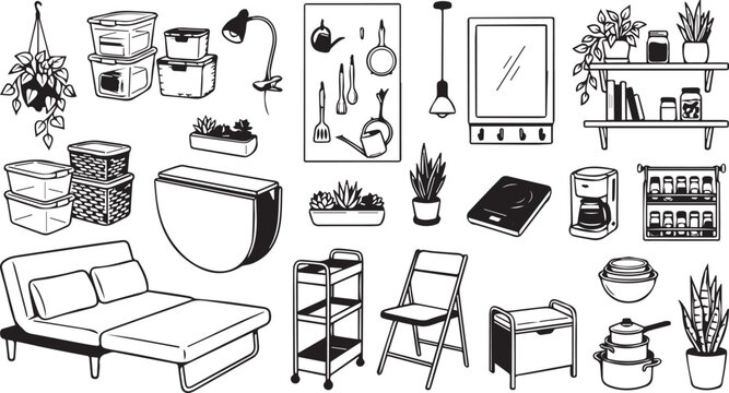 Set of hand drawn home interior furniture and household objects sketches for living room and kitchen decoration