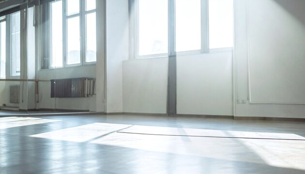 Bright and empty dance or yoga studio with sunlight streaming through large windows onto the wooden floor. This serene space evokes a sense of peace and potential. Nobody present.