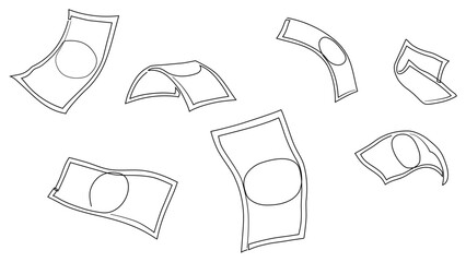 Naklejka premium Line art illustration of floating paper money banknotes in various positions. Isolated vector graphics on a white background.