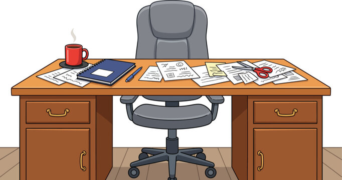 Workaholics day cartoon clipart busy office desk with papers coffee and scissors