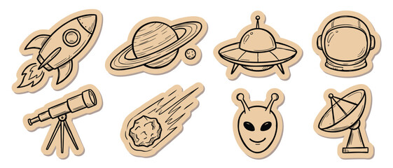 Space Scrapbook Sticker Vector Set Hand Drawn Kraft Paper Astronaut Galaxy Collection for Journal and Science Design  © Salam Studio
