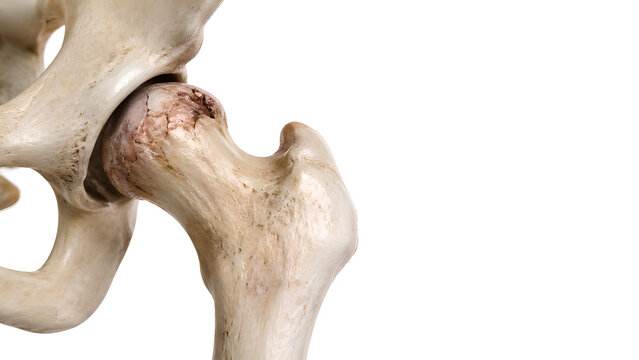 Femoral head avascular necrosis hip joint medical 3D render showing collapsed contour, realistic pelvis anatomy and proximal femur for orthopedic education, radiology concept, and patient healthcare