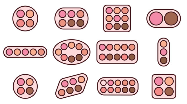 Set of makeup palettes with eyeshadows and blushes, collection of cosmetic containers for makeup application and beauty, versatile beauty products arranged in various shapes