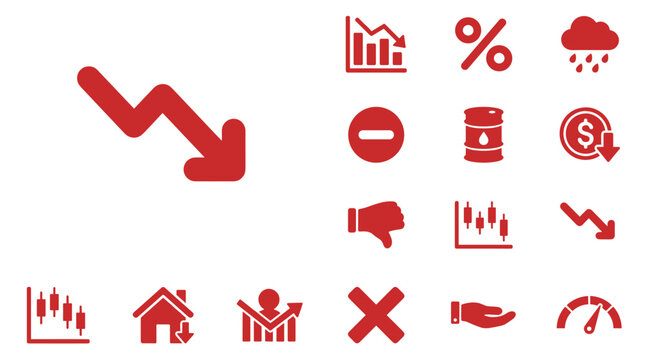 Collection of red icons representing financial loss, economic downturn, and negative trends, with a large downward arrow and stock market charts