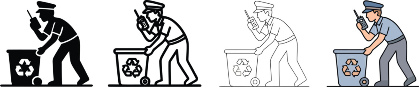 Professional security guard or police officer pushes a recycling waste bin while actively communicating on a walkietalkie vector illustration graphic art