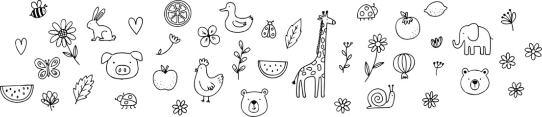 Hand Drawn Doodle Collection Of Cute Animals Plants And Objects In Black And White butterfly rabbit © Kowshik Roy