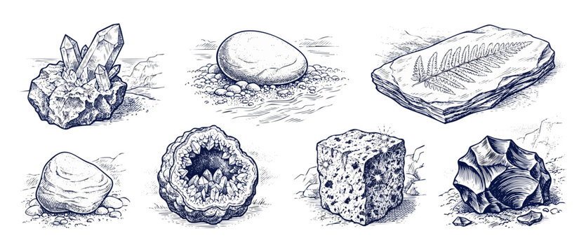 Rock mineral crystal fossil specimens hand drawn in vintage engraving style vector illustrations collection featuring quartz cluster, river pebble, fern fossil imprint, geode slice, and pyrite cubic s