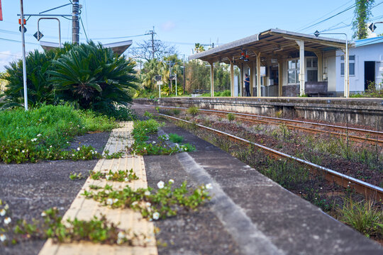 A low-angle view of an overgrown railway station platform with tactile paving strips visible in the foreground, weeds sprouting through cracks in the concrete. Railway tracks run parallel to the