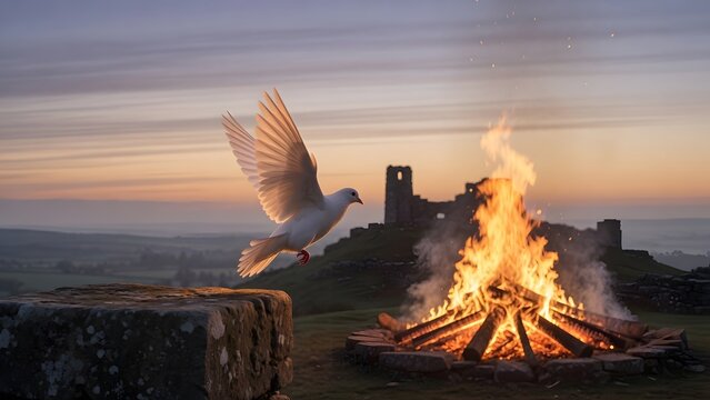 The Easter Fire event on the Hill of Slane portrayed as a sign of peaceful spiritual direction, a white dove lifting from a stone near the sacred summit fire, warm firelight catching the bird&rsquo;s wings 