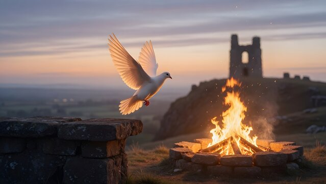 The Easter Fire event on the Hill of Slane portrayed as a sign of peaceful spiritual direction, a white dove lifting from a stone near the sacred summit fire, warm firelight catching the bird&rsquo;s wings 