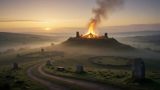The Easter Fire event on the Hill of Slane interpreted as a source of calm spiritual direction, peaceful countryside marked by subtle pathways and quiet gathering places surrounding the hill, soft gol