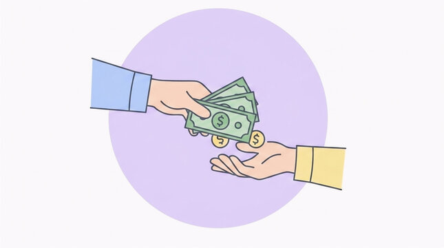 Close-up of hands exchanging dollar banknotes and gold coins, Hand giving cash and coins to another hand flat vector illustration, Conceptual line art of money transaction, payment, or salary transfer