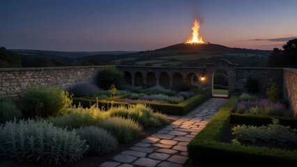 Obraz premium The Easter Fire event on the Hill of Slane interpreted as a guiding presence beyond enclosed reflection, a quiet cloister garden with herbs, stone paths, and an open view toward the sacred flame on th