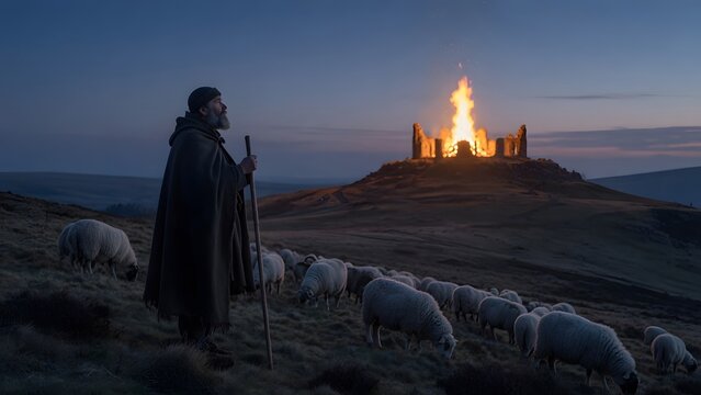 The Easter Fire event on the Hill of Slane interpreted as guidance for humble daily faith, a lone shepherd pausing with sheep on a nearby slope while the sacred summit flame glows in the distance, sof