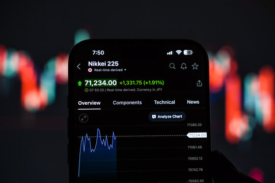 Nikkei or Japan stock exchange logo is displayed on a smartphone screen in Bangalore, India, on June 15, 2026
