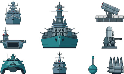 Military Navy Warship Elements Set Featuring Battleship Front View Aircraft Carrier Missile Launcher Turret Torpedo and Sea Mine Vector Illustration © Lal