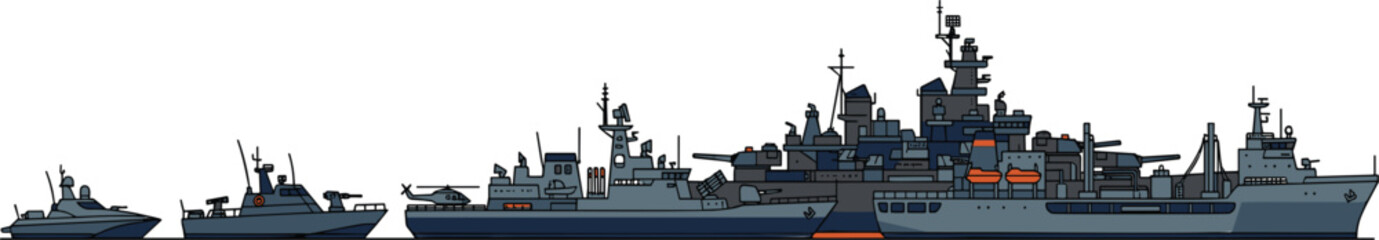 Naval Warship Fleet Vector Set Featuring Modern Military Vessels Destroyer Battleship Cruiser Patrolling Boat and Navy Armada Silhouette Vector Illustration © Lal