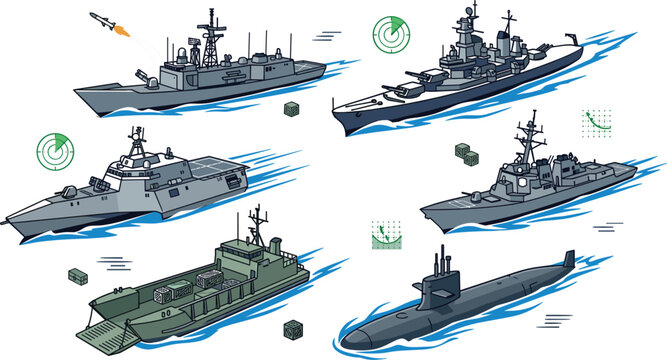 Modern Naval Fleet Vector Set with Battleship Submarine Destroyer Littoral Combat Ship and Landing Craft Sailing on Sea Vector Illustration