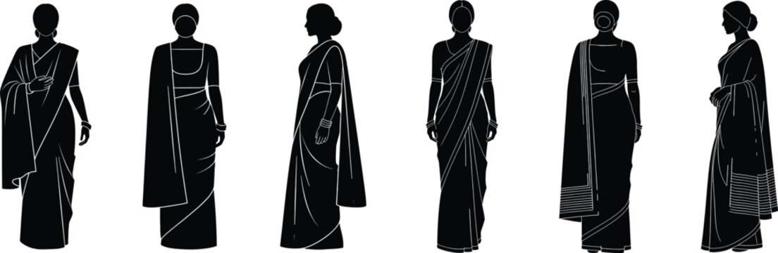 Set of silhouettes of indian women wearing traditional saree outfits in different poses