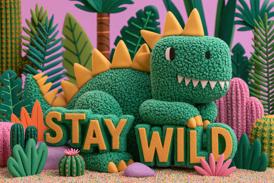 Stay Wild Claymation - A friendly green textured clay dinosaur relaxes among stylized cacti and tropical plants, sitting behind the bold, textured orange lettering phrase "STAY WILD"