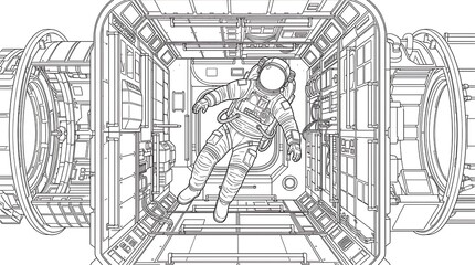 Obraz premium Astronaut Floating in Space Station Interior Line Art Coloring Page