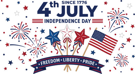 Obraz premium Patriotic Fourth of July Independence Day Celebration Banner with American Flag Fireworks Stars and Freedom Ribbon