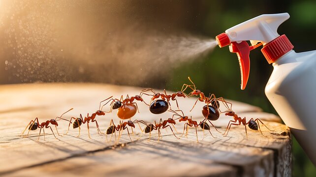 Ant colony exposed to insecticide spray during pest control treatment