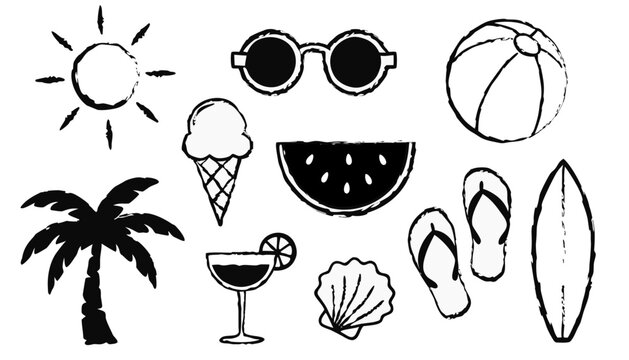 Summer doodle Hand drawn collection with beach ball sunglasses surfboard watermelon cocktail palm tree and vacation elements