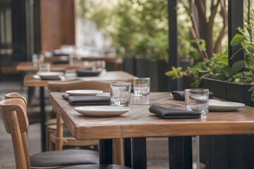 Fototapeta premium Side Angle Restaurant Patio Table (No Food) With Glassware And Greenery Photographed In Bright Commercial With Layered Restaurant Depth