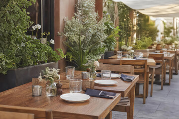 Obraz premium Bright Commercial Faded Outdoor Restaurant Patio With Wooden Tables And (No Food) Greenery With Wood Tones And Greenery