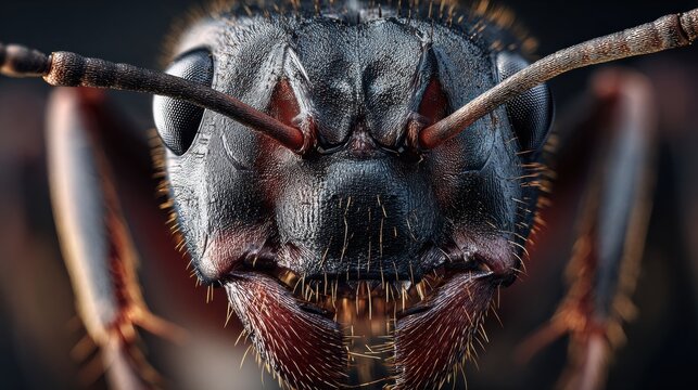 A close-up shot of an insect's face with a twig on its antennae.