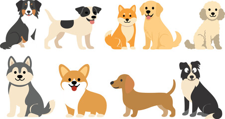 Naklejka premium Cute Dog Breed Character Set with Cartoon Puppy Illustrations and Pet Collection