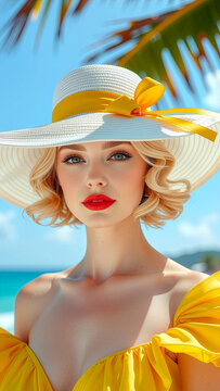 Blondynka w ż&oacute;łtej sukni i białym kapeluszu na tropikalnej plaży.
