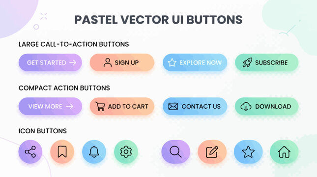 Set of pastel vector ui buttons with various icons and calltoaction text for website and mobile app design