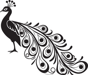 Fototapeta premium Black peacock silhouette isolated on white background with detailed feathers