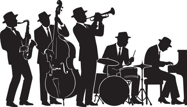 Jazz band silhouette isolated on white background with musical instruments