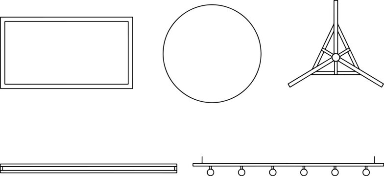 Technical drawing of modern ceiling lighting fixtures showing top and side orthographic projection views in vector format