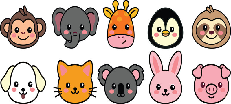 Cute Animal Face Icon Set with Monkey Elephant Giraffe Penguin and Rabbit