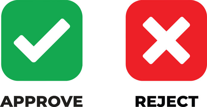 Green check mark approve and red cross mark reject symbols for voting or feedback choice