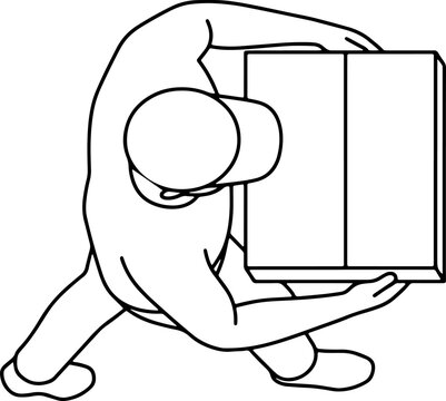 Top view of a delivery person carrying a cardboard box, simple line art vector illustration for logistics