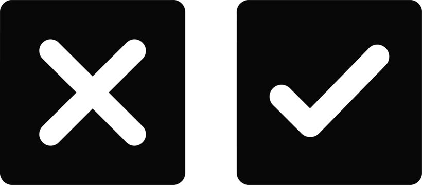 Black square icons with white check mark and cross sign for survey or checklist design