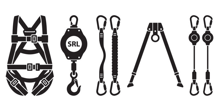 Collection of safety harness equipment and fall arrest gear on transparent background