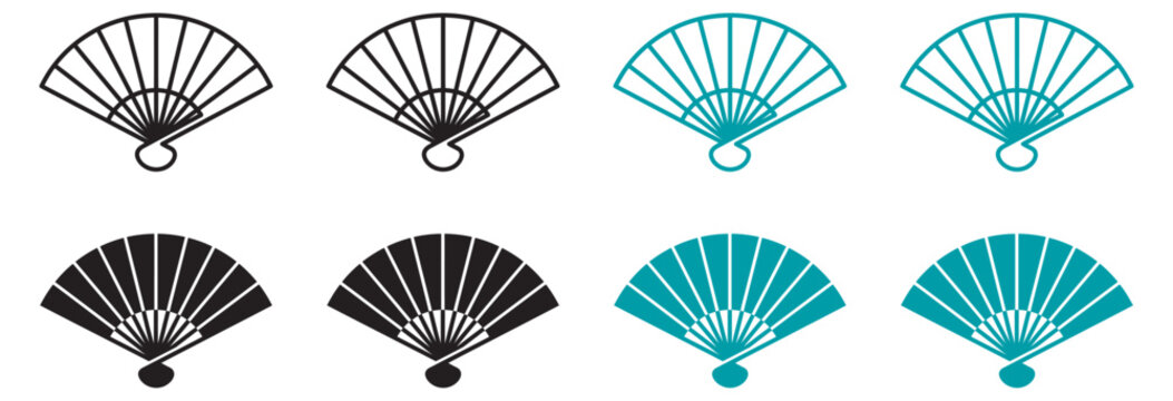 Collection of elegant black and teal folding fans displayed in a clean grid on transparent background