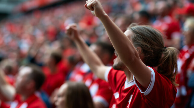 Vibrant emotional photo of a crowd of faceless football fans cheering in red jerseys, one figure in focus celebrating in a packed stadium, defocused crowd in background,